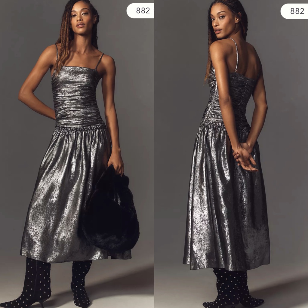 La Maise Studio Ruched Drop-Waist Foil Midi Dress